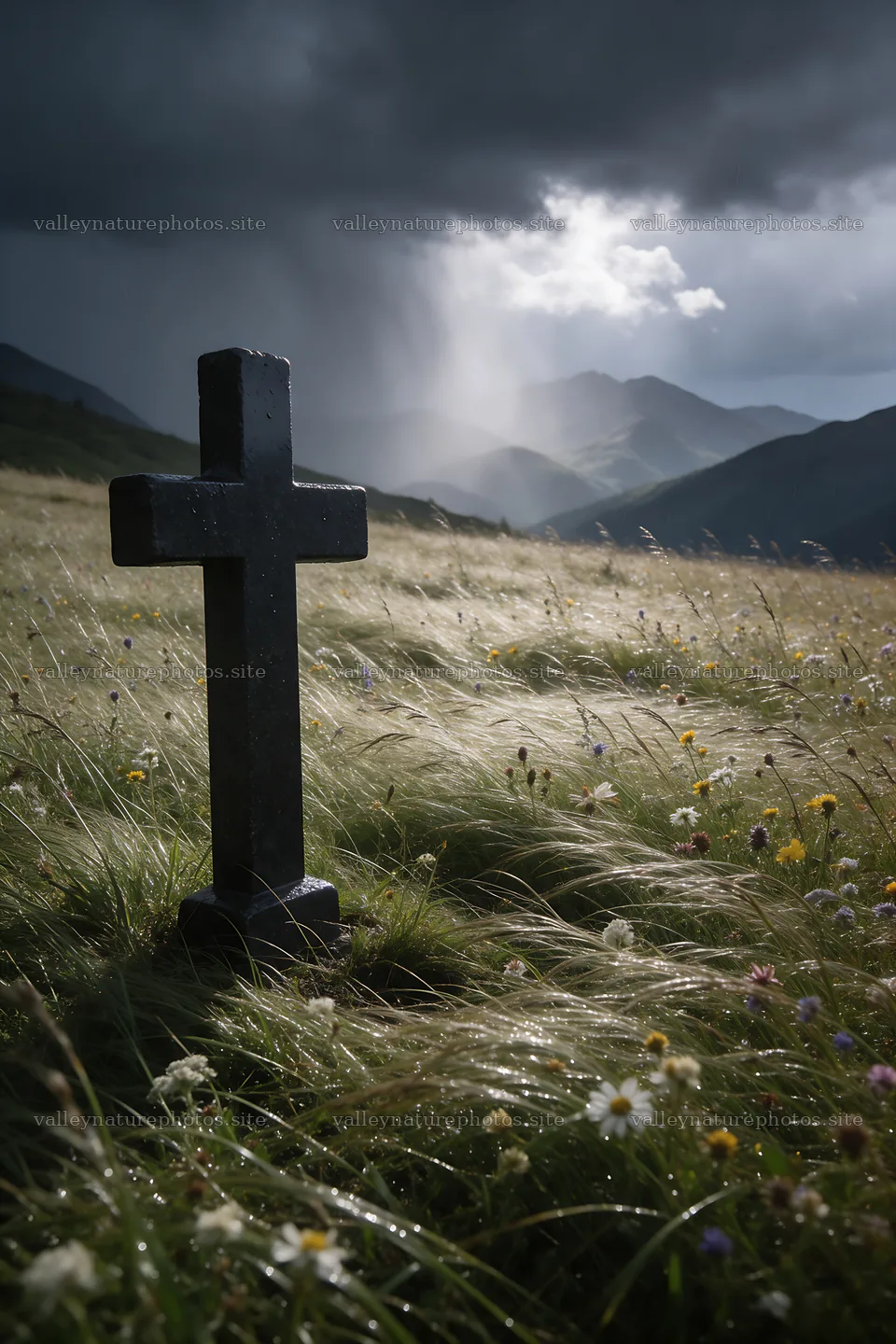 Christian cross in winter mountain meadow – nature photography 6480x9722