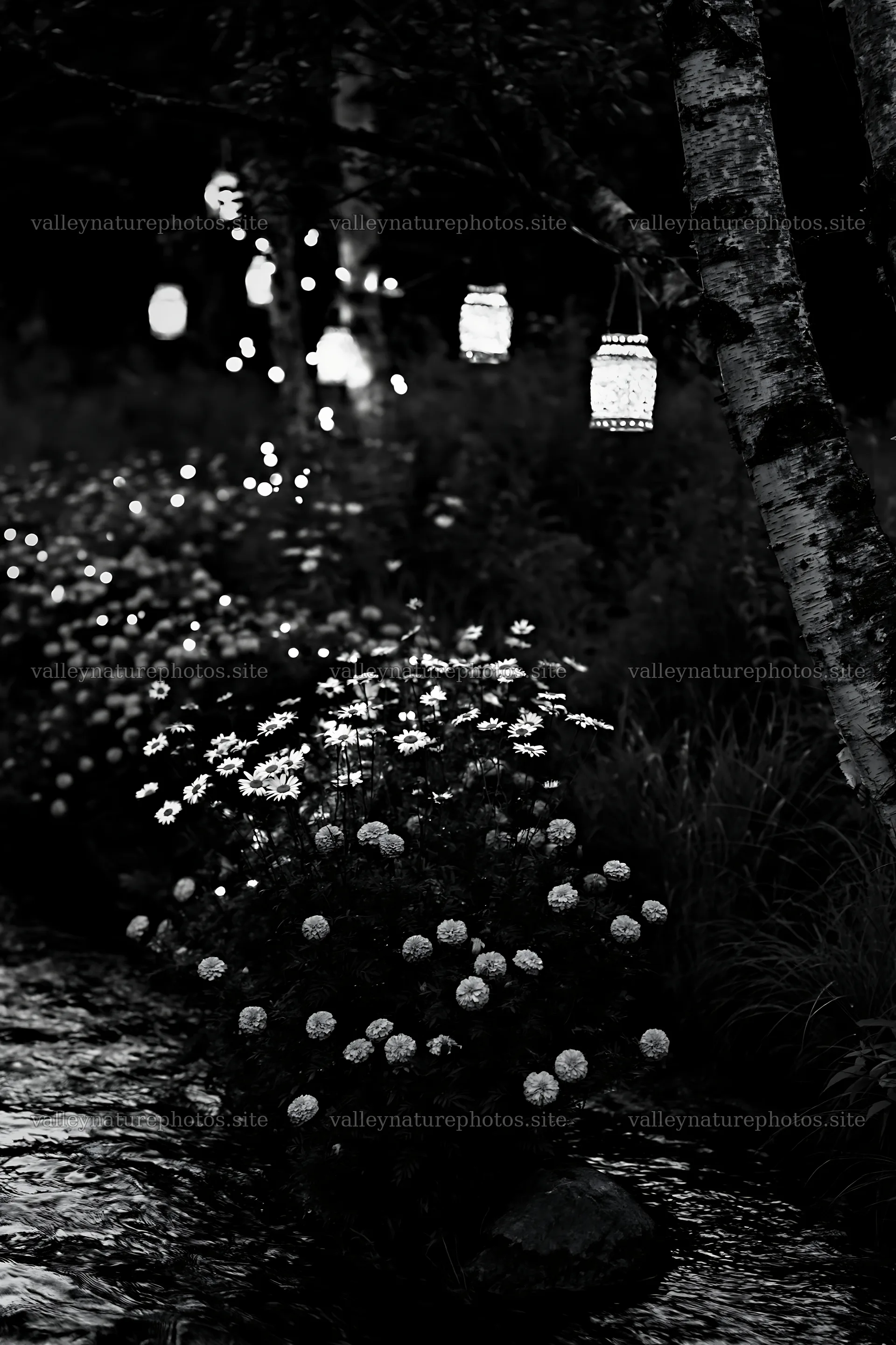 Christmas lights at dusk beside stream in meadow – nature photography 6480x9722