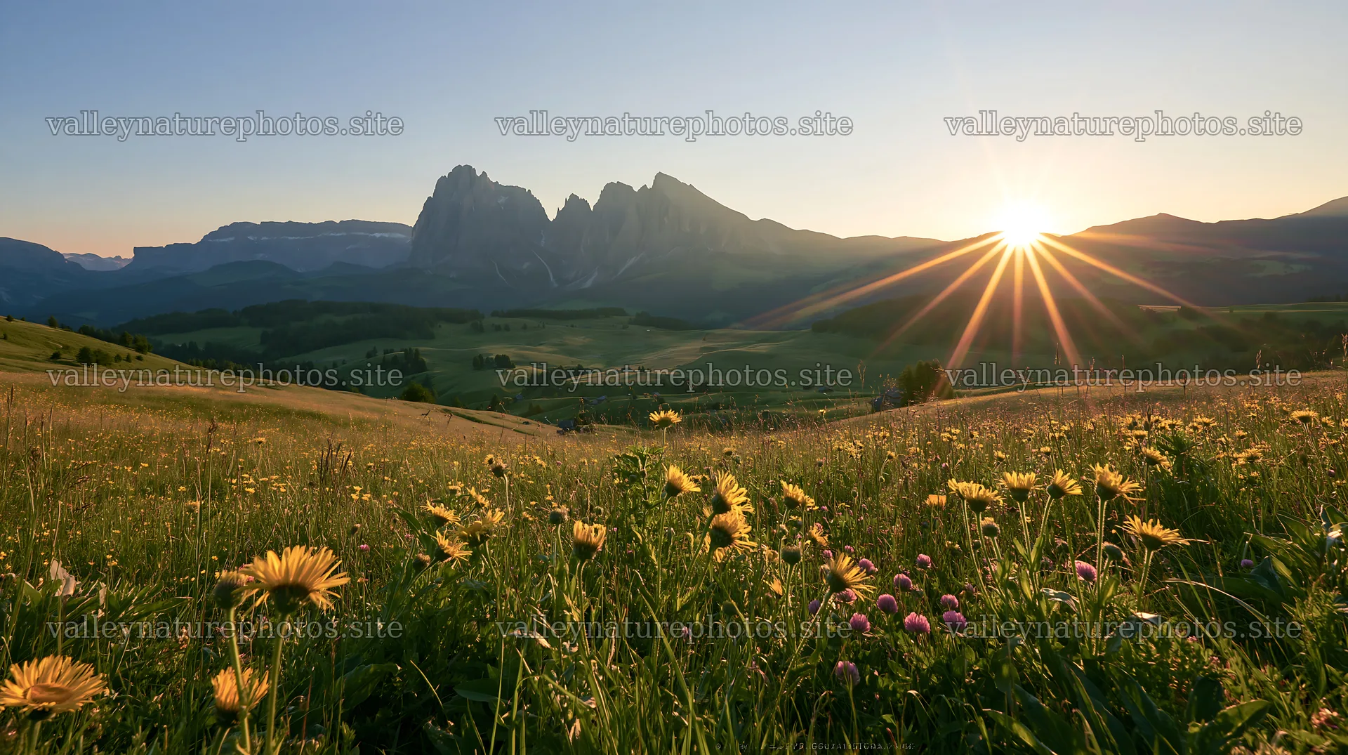 Sunbeams over Alpe di Siusi meadow with mountain backdrop – nature photography 10608x5938