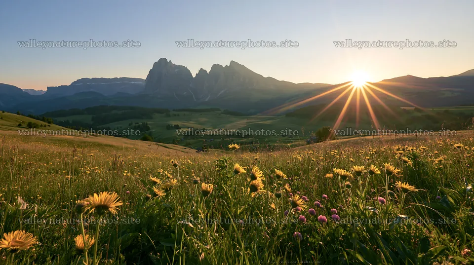Sunbeams over Alpe di Siusi meadow with mountain backdrop – nature photography 10608x5938