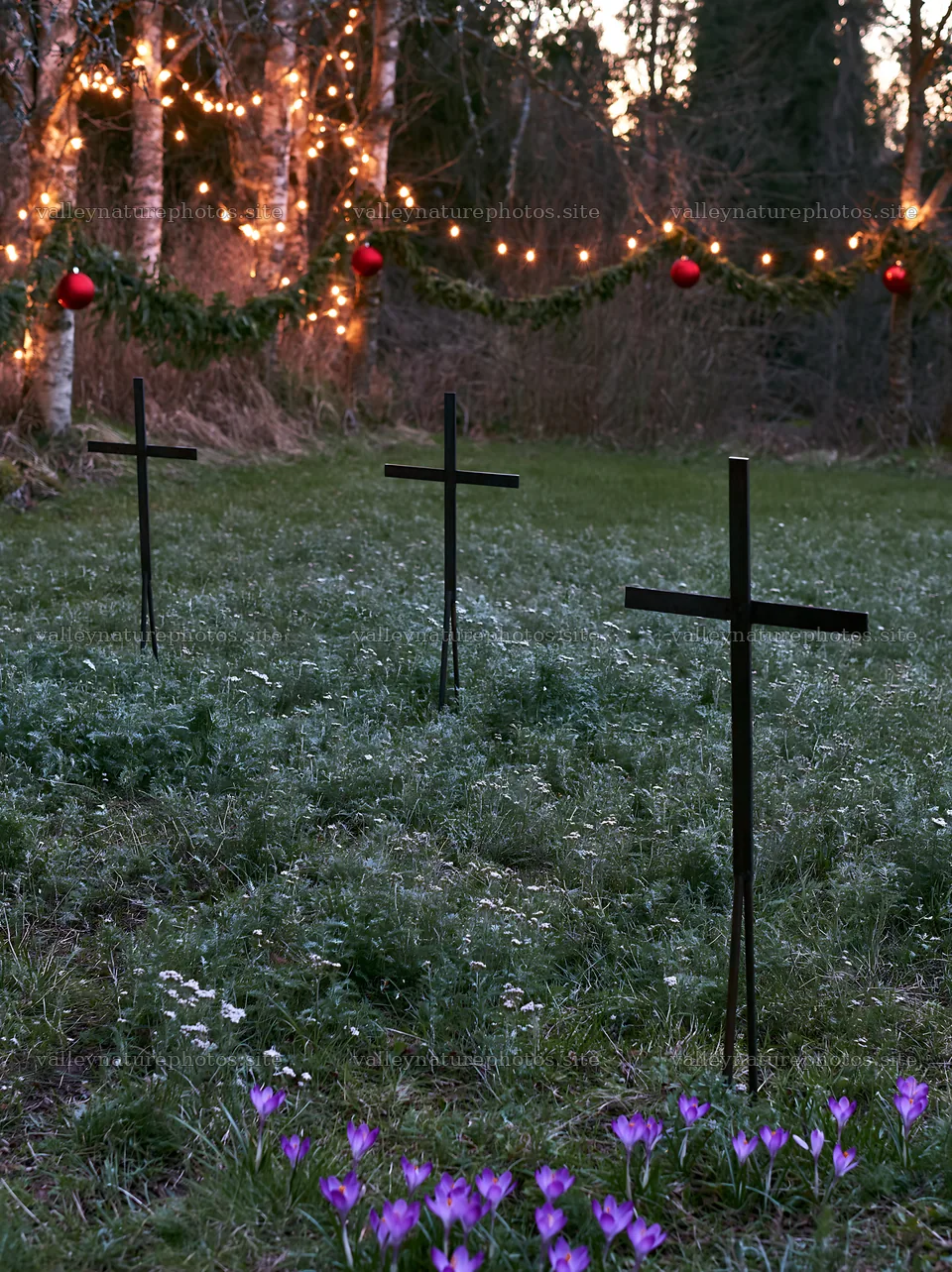 Three iron crosses in Advent meadow with decorations – nature photography 6866x9174
