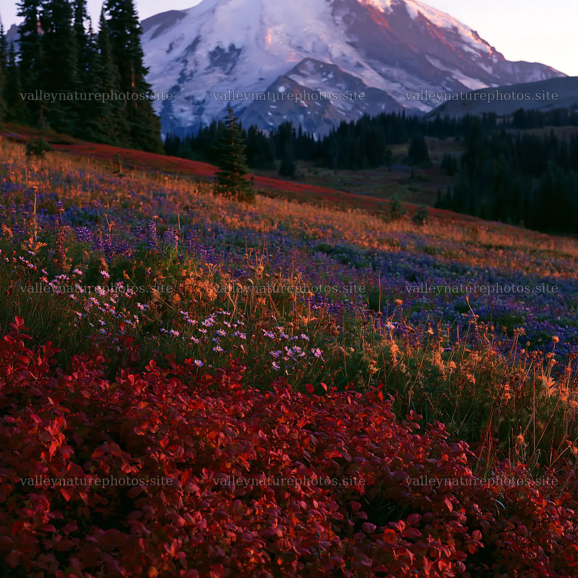 Wildflower meadow at sunrise near Mount Rainier – nature photography 7938x7938