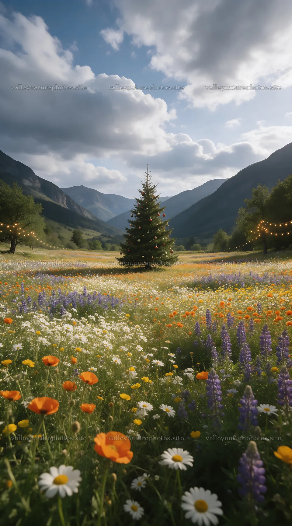 Decorated Christmas tree in mountain valley meadow – nature photography 5916x10648
