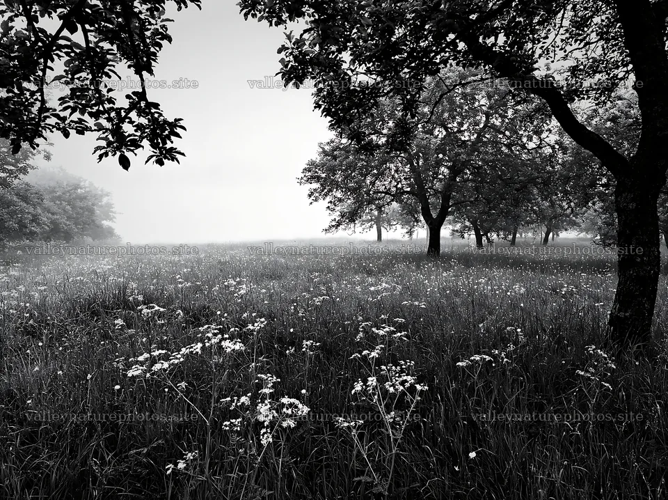 Lakeside orchard meadow with trees and tall grass – nature photography 9174x6866