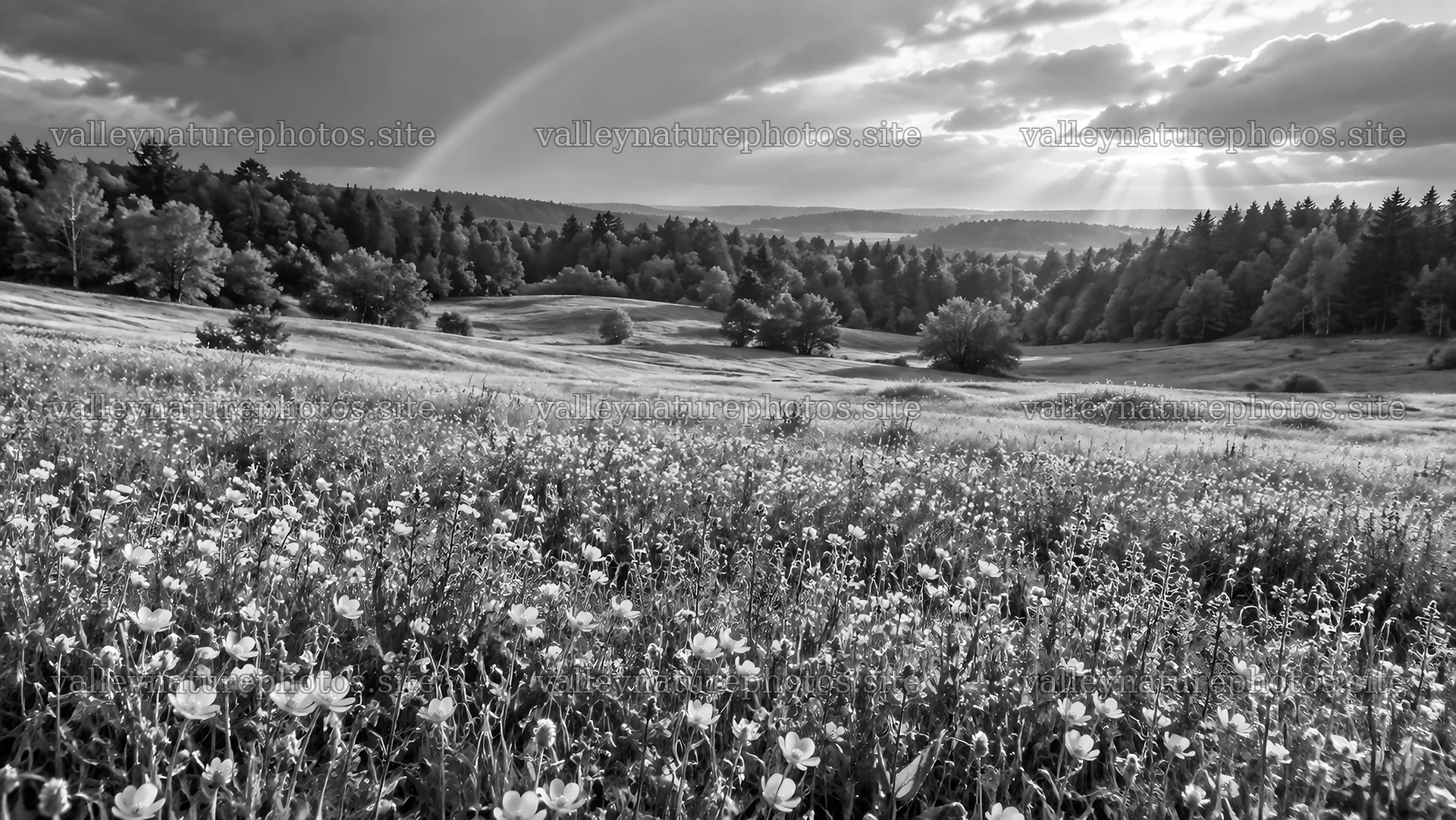 Sunbeams Over a Forest Meadow in Black and White – nature photography 10324x5812