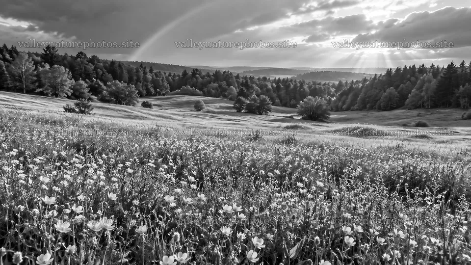 Sunbeams Over a Forest Meadow in Black and White – nature photography 10324x5812