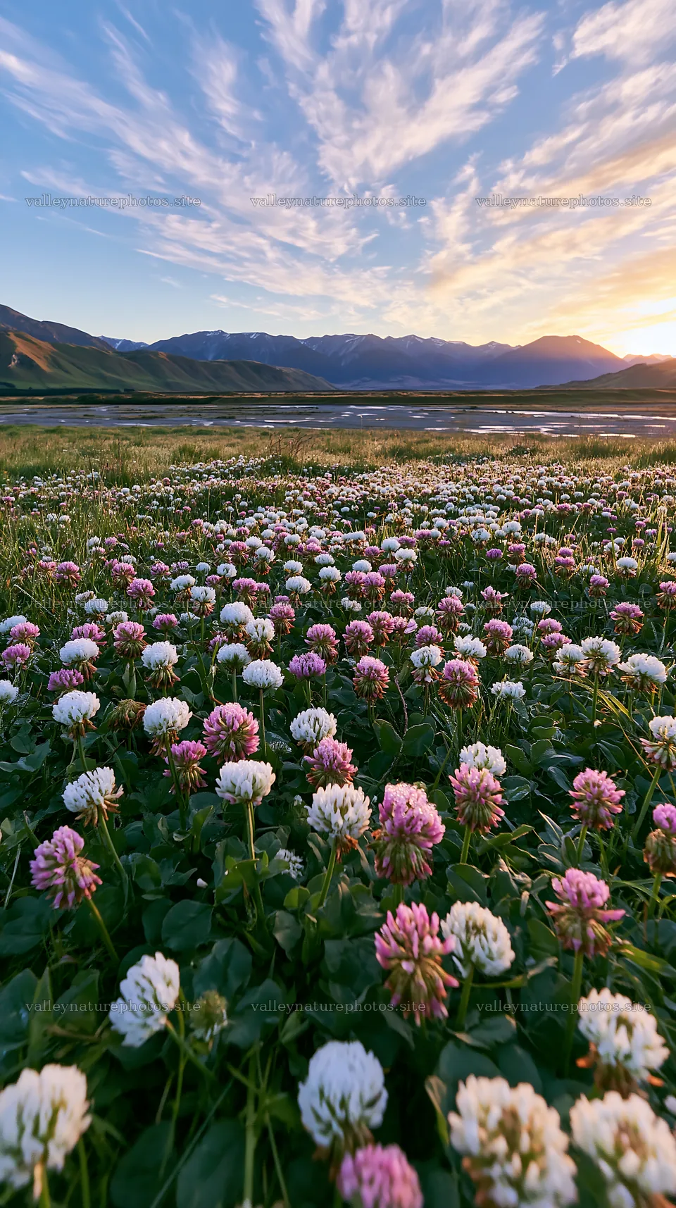 Clover meadow with dew at sunset in a mountain landscape – nature photography 5938x10608