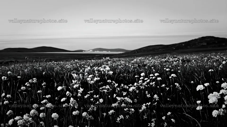 Clifftop meadow with flowers and distant hills – nature photography 10608x5938