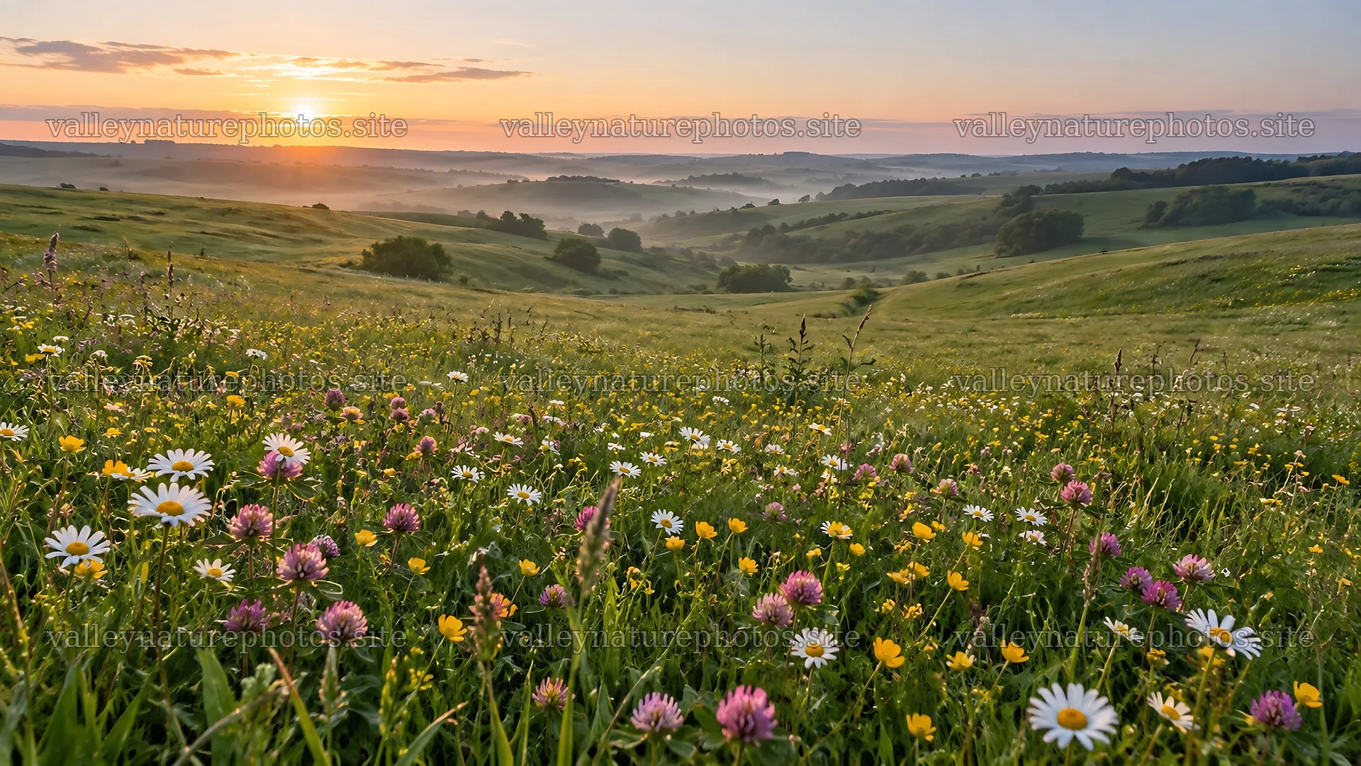 Wildflower Meadow Across Rolling Hills at Golden Hour – nature photography 10324x5812