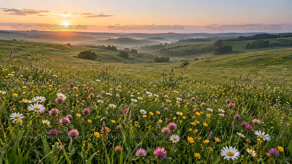 Wildflower Meadow Across Rolling Hills at Golden Hour – nature photography 10324x5812