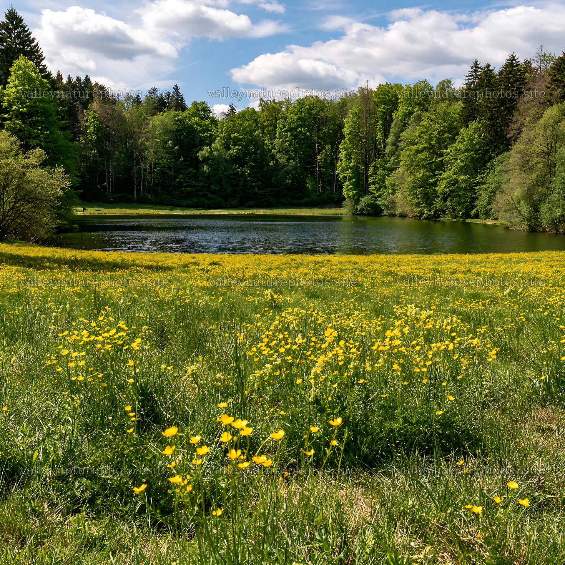 Lakeside meadow with yellow flowers in Germany – nature photography 7938x7938