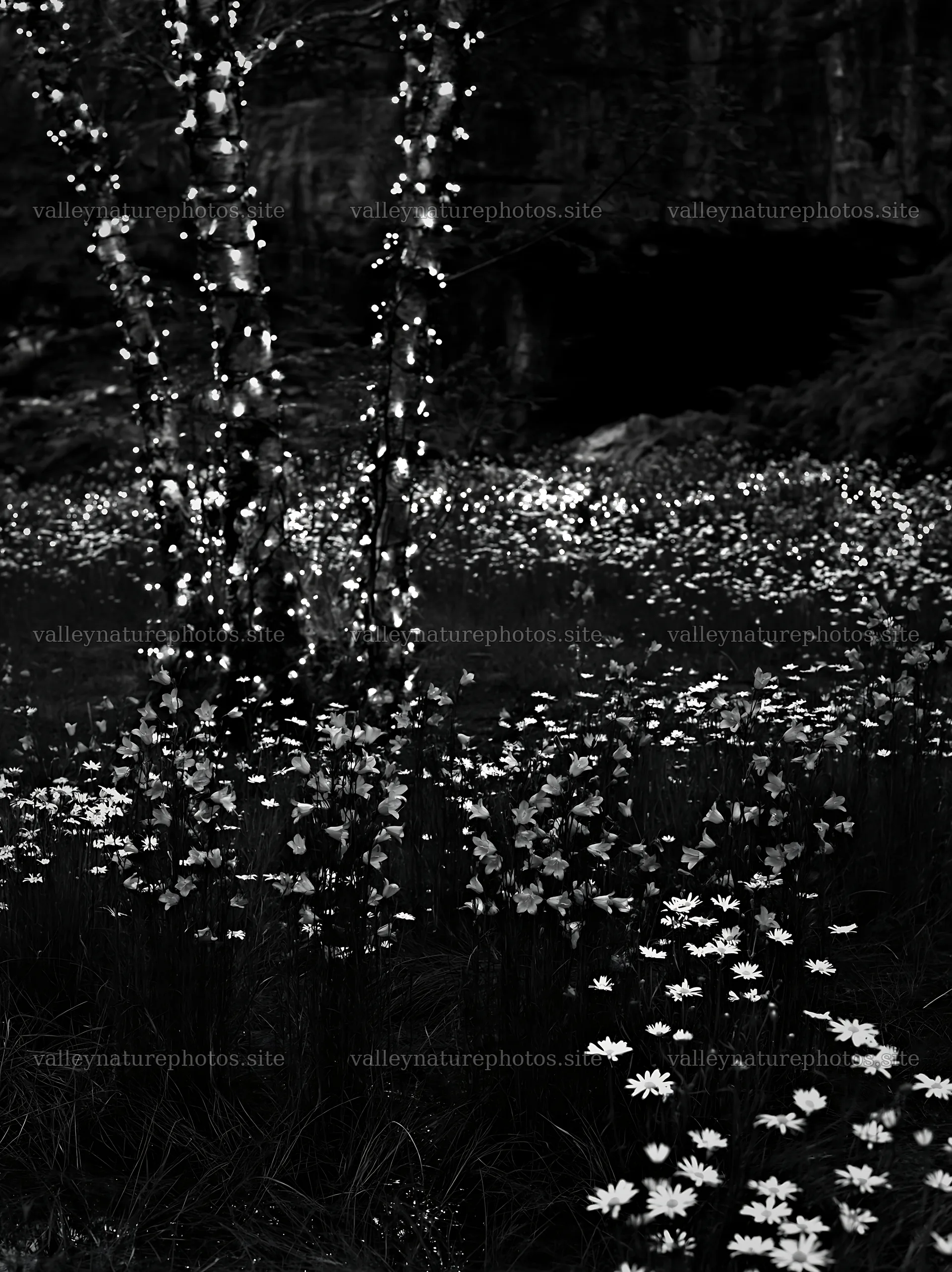 Christmas lights in meadow by cave – nature photography 6866x9174