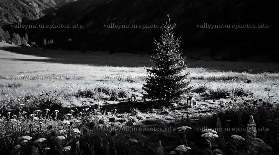 Christmas tree in mountain valley meadow during winter – nature photography 10648x5916