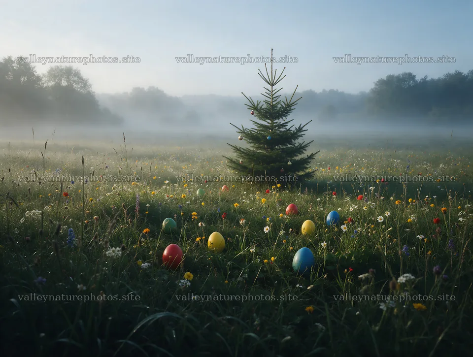 Vibrant Christmas tree in misty meadow with colorful Easter eggs – nature photography 9134x6898