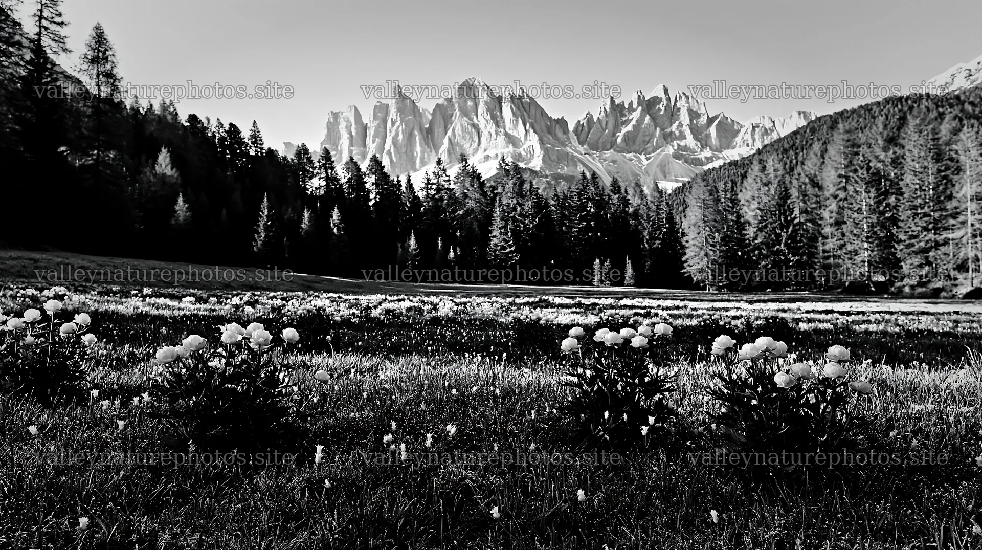 Frost-touched meadow with mountains and trees in black and white – nature photography 10608x5938