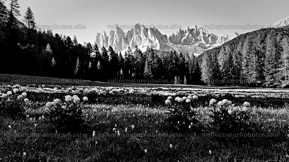 Frost-touched meadow with mountains and trees in black and white – nature photography 10608x5938