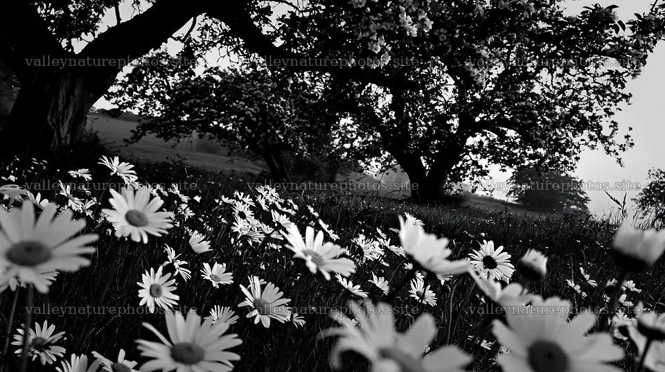 Daisy apple meadow in black and white with trees – nature photography 10608x5938