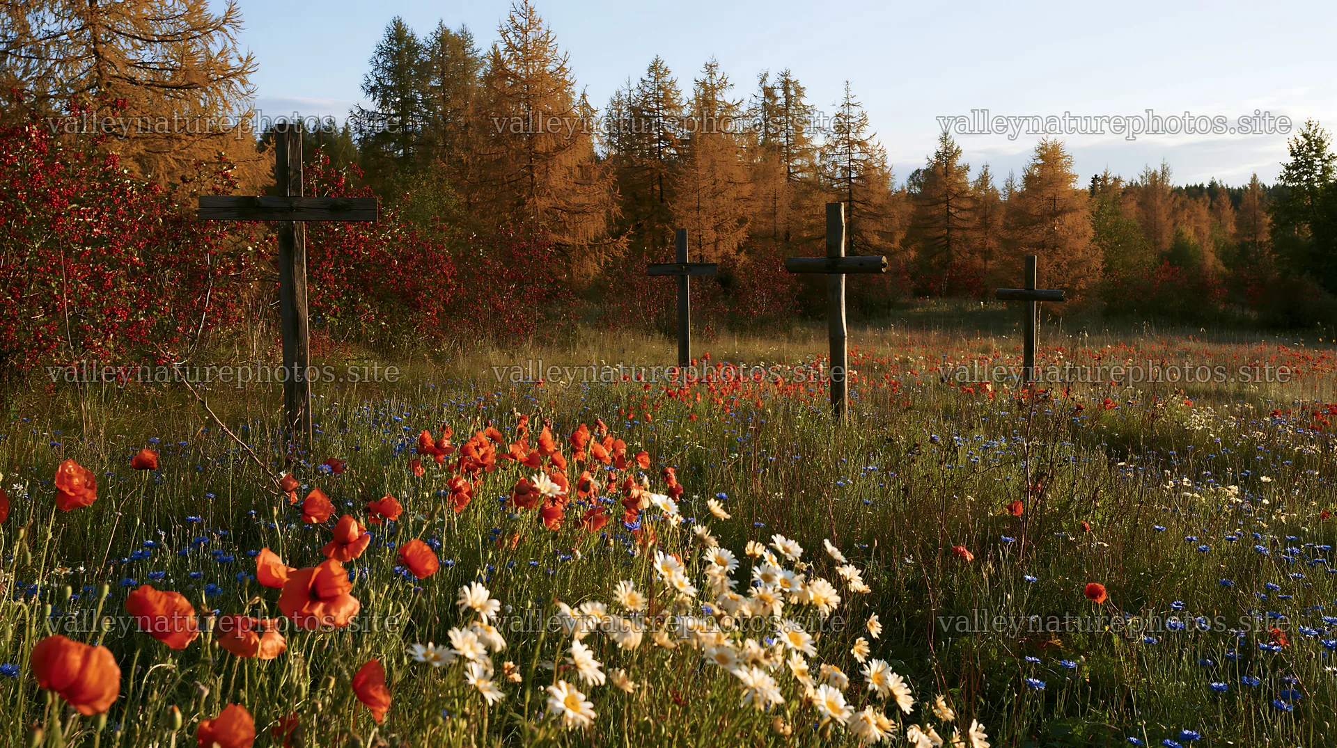 Wooden crosses in a meadow with flowers during Christmas season – nature photography 10608x5938