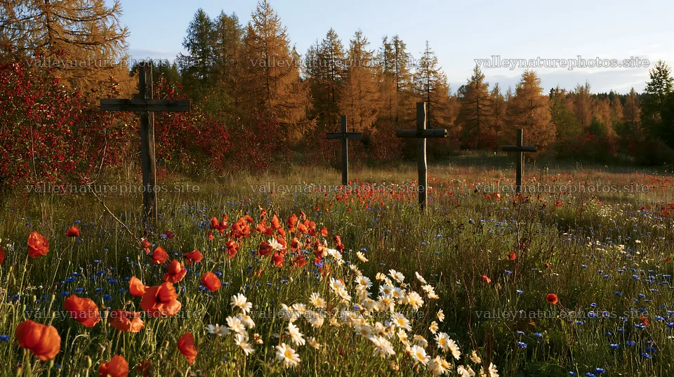 Wooden crosses in a meadow with flowers during Christmas season – nature photography 10608x5938