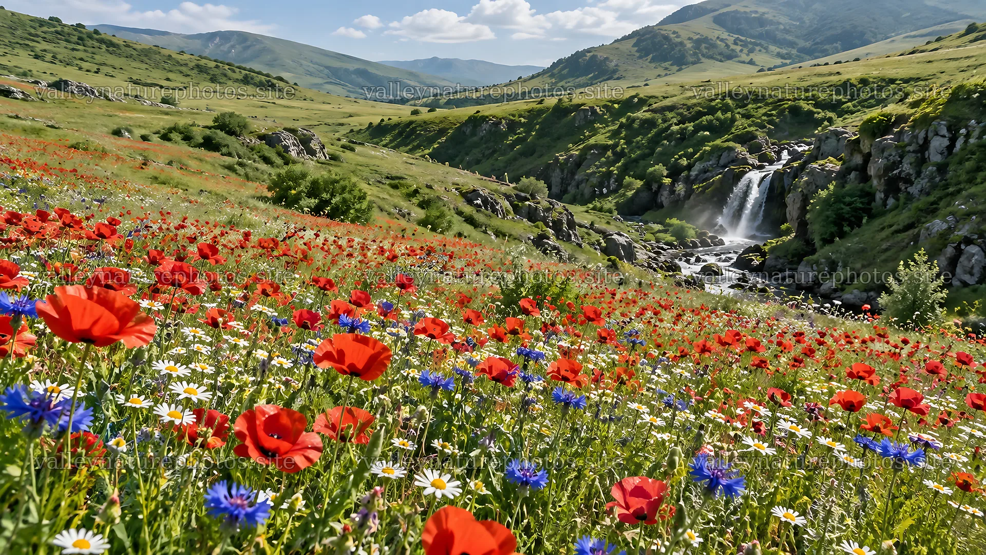 Wildflower Meadow Across a Sunny Mountain Valley – nature photography 10324x5812