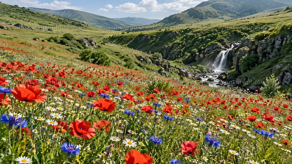 Wildflower Meadow Across a Sunny Mountain Valley – nature photography 10324x5812