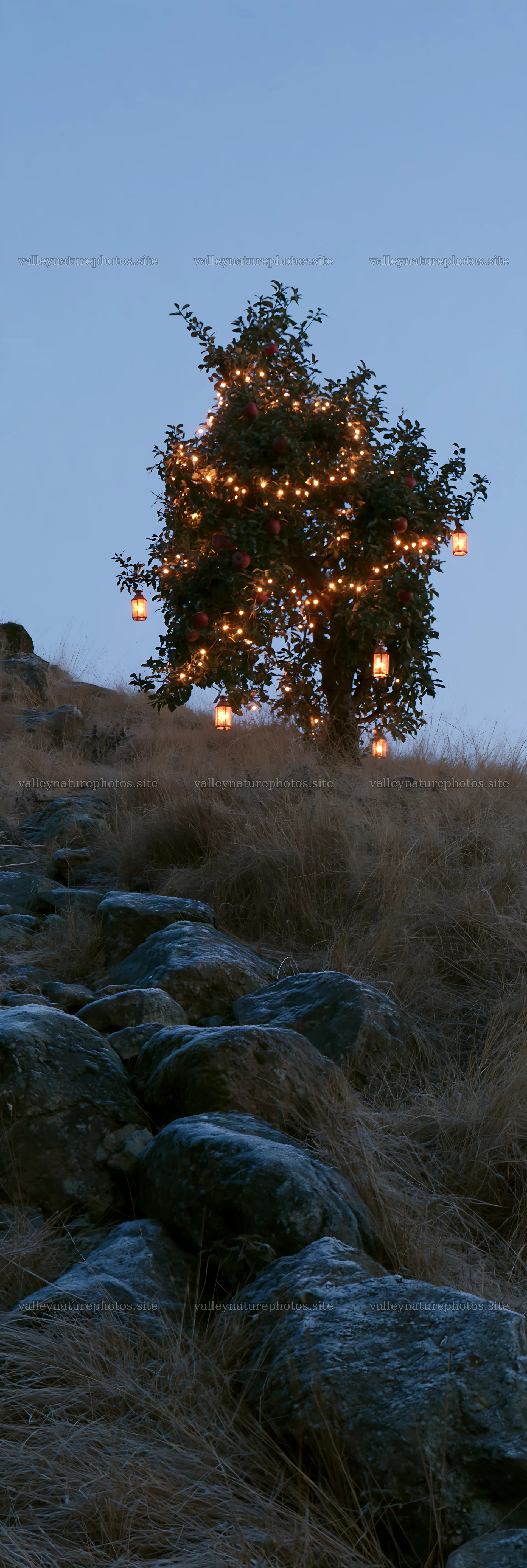Christmas apple tree with lanterns in meadow – nature photography 4602x13690