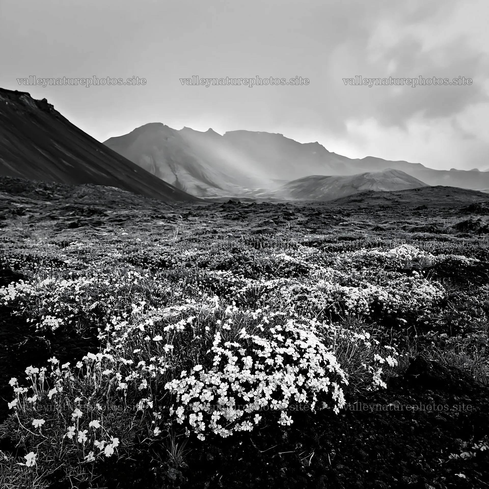Mountain pass meadow with flowers and mountains in background – nature photography 7938x7938