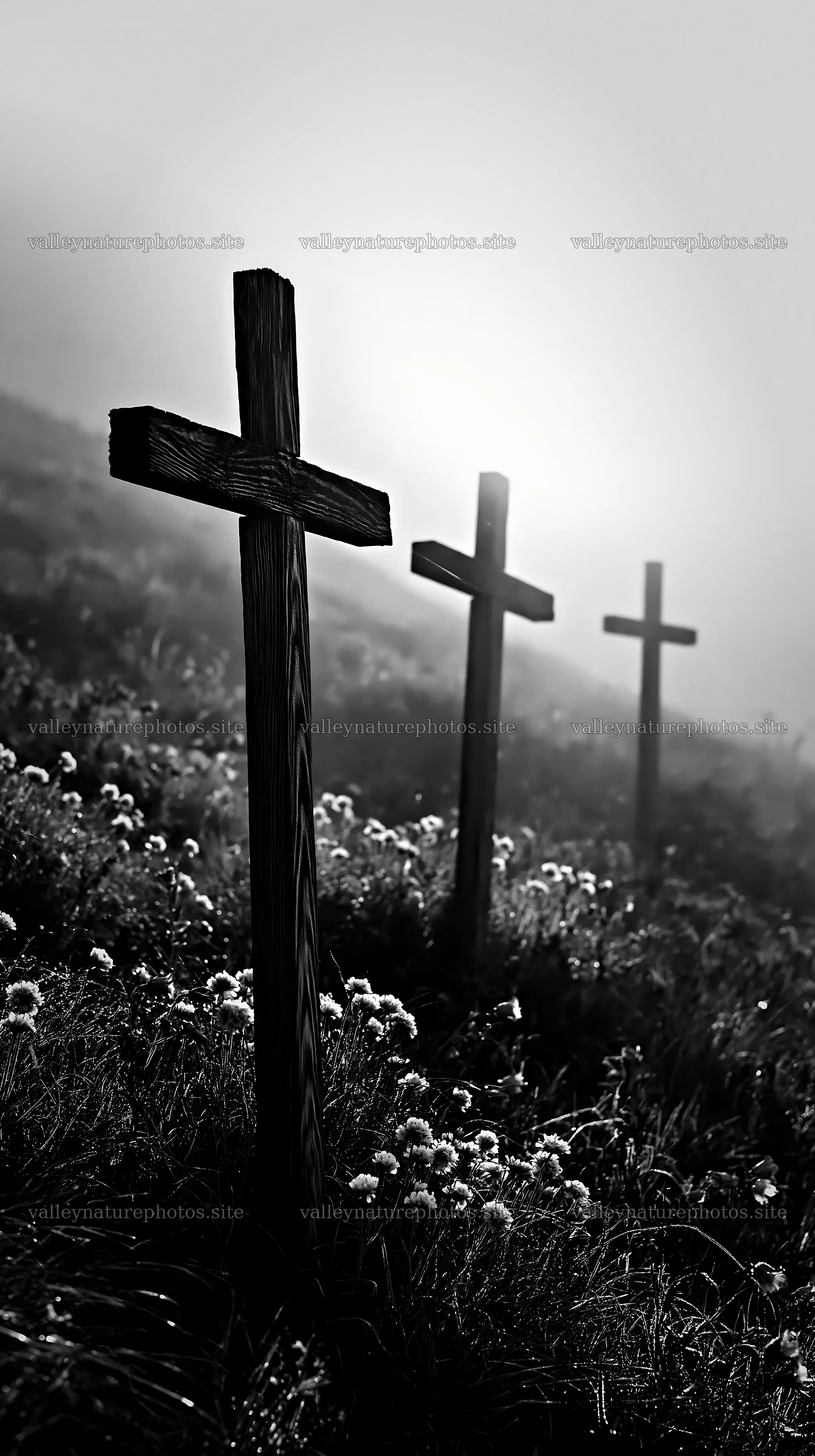 Three rustic crosses in meadow backlight during Christmas season – nature photography 5938x10608