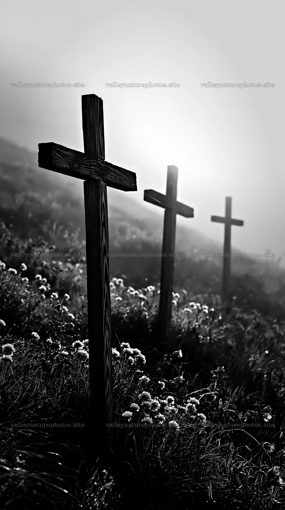 Three rustic crosses in meadow backlight during Christmas season – nature photography 5938x10608