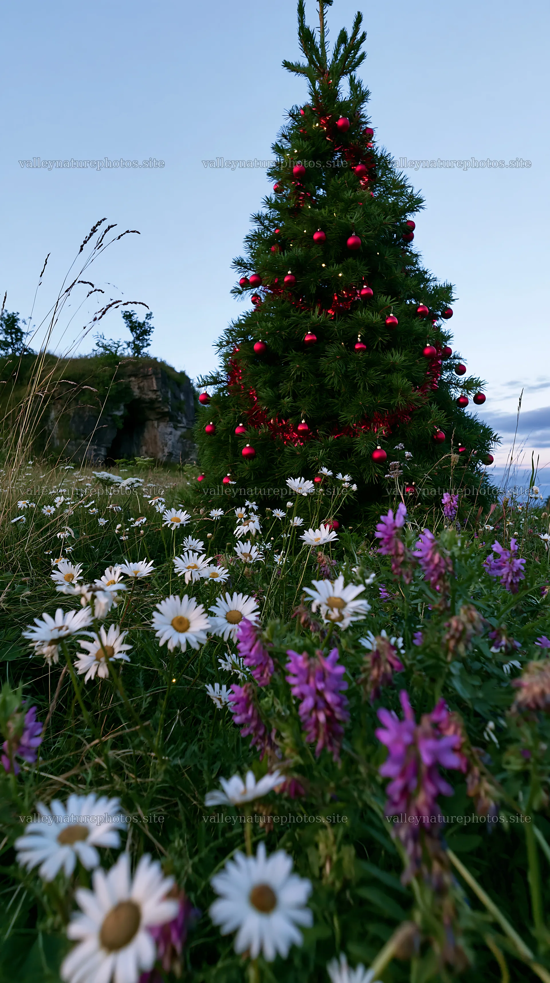 Christmas tree with ornaments in meadow near cave – nature photography 5938x10608