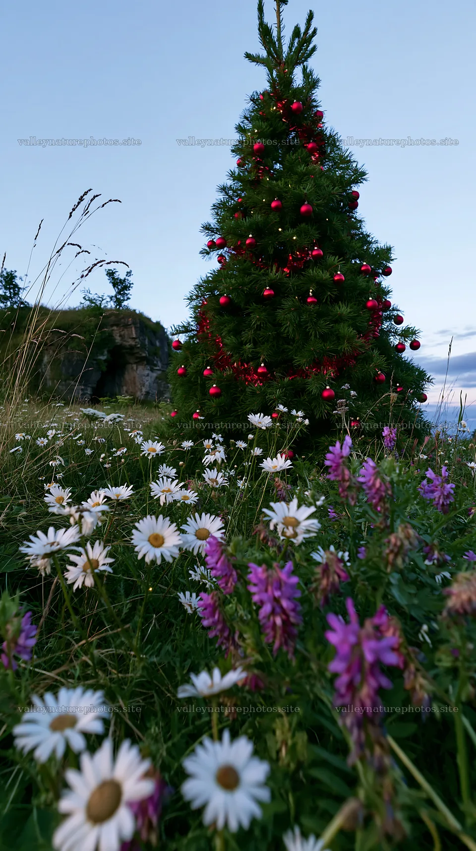 Christmas tree with ornaments in meadow near cave – nature photography 5938x10608