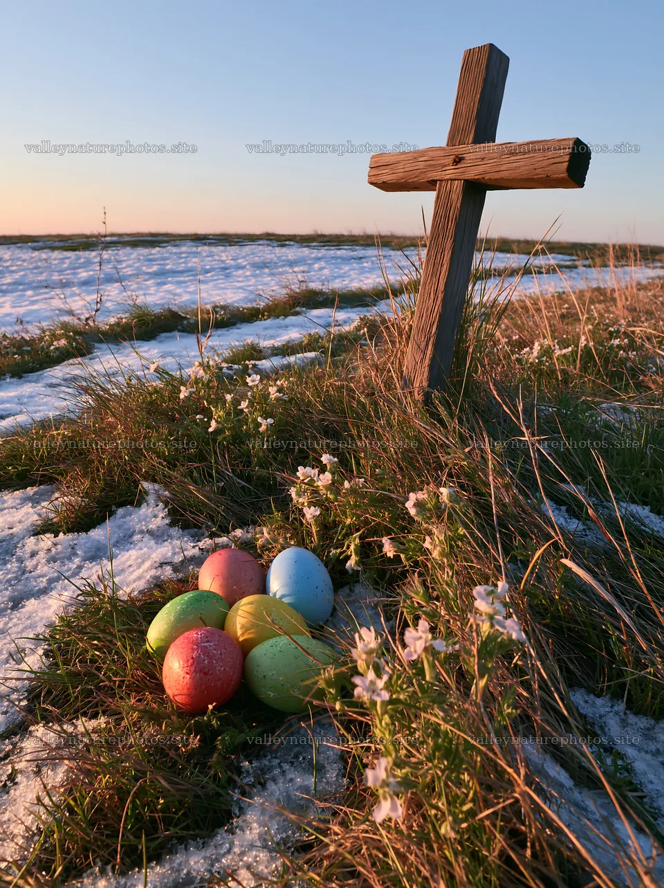 Weathered Christian cross in snowy field with colored eggs – nature photography 6866x9174