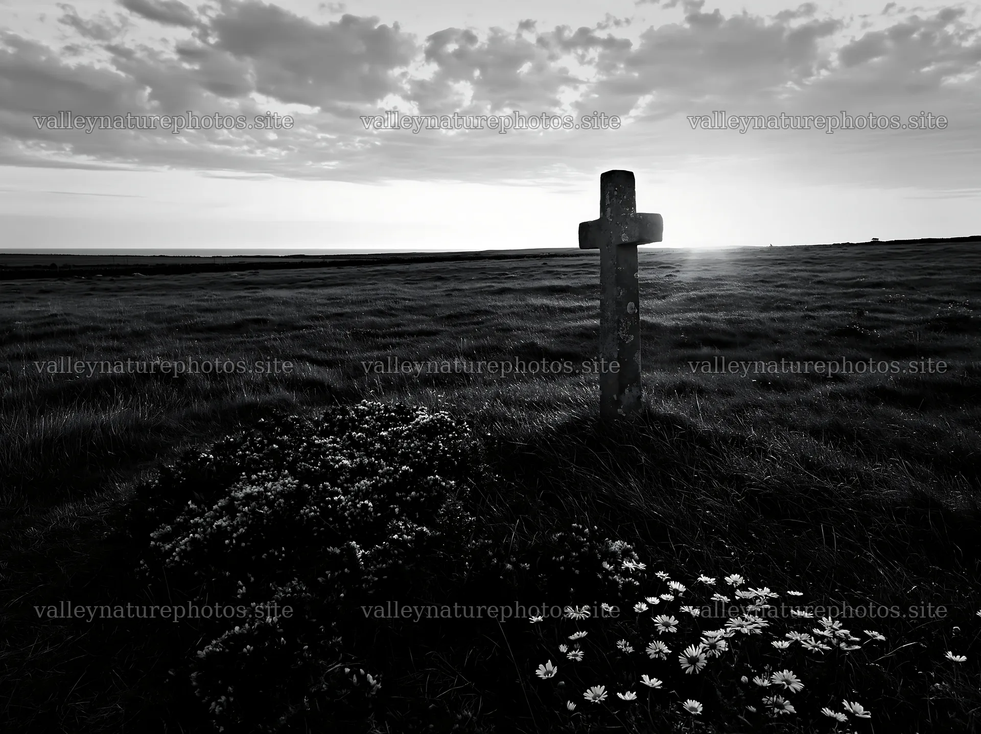 Christian cross at sunrise over a meadow with flowers – nature photography 9174x6866