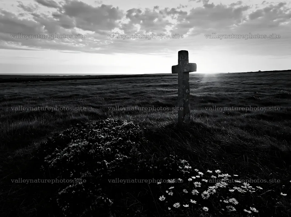 Christian cross at sunrise over a meadow with flowers – nature photography 9174x6866