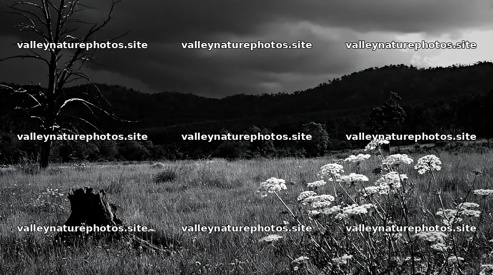 Fukushima native meadow with weathered stump under dark clouds – nature photography 10608x5938