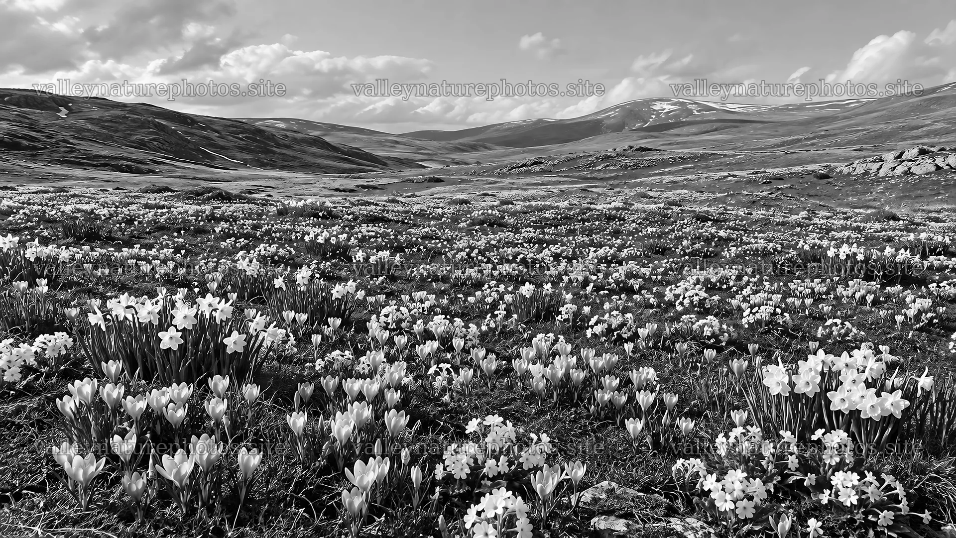 Spring Bulb Meadow in a Mountain Valley – nature photography 10324x5812