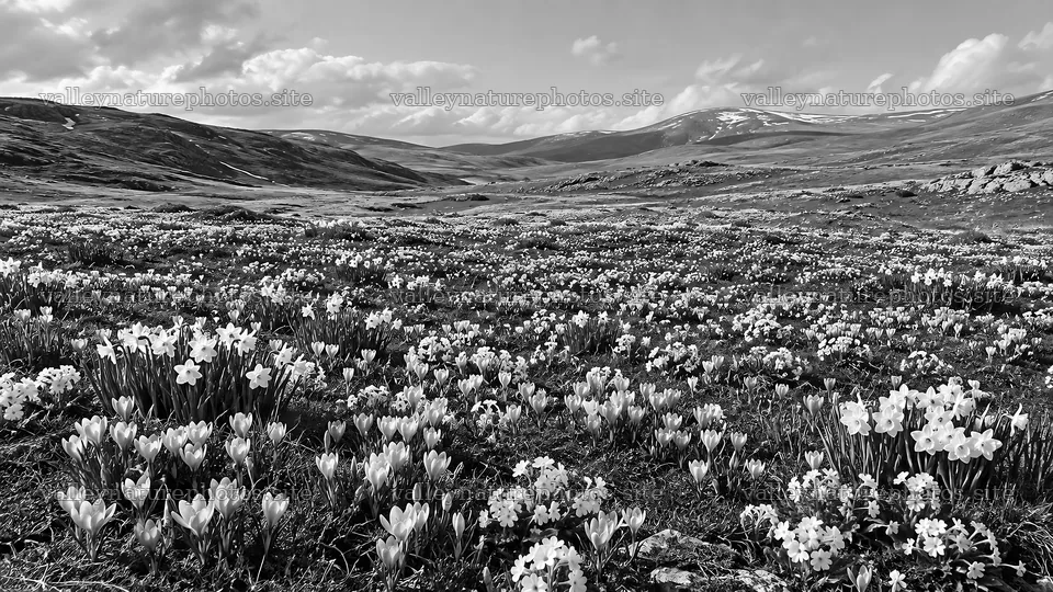 Spring Bulb Meadow in a Mountain Valley – nature photography 10324x5812