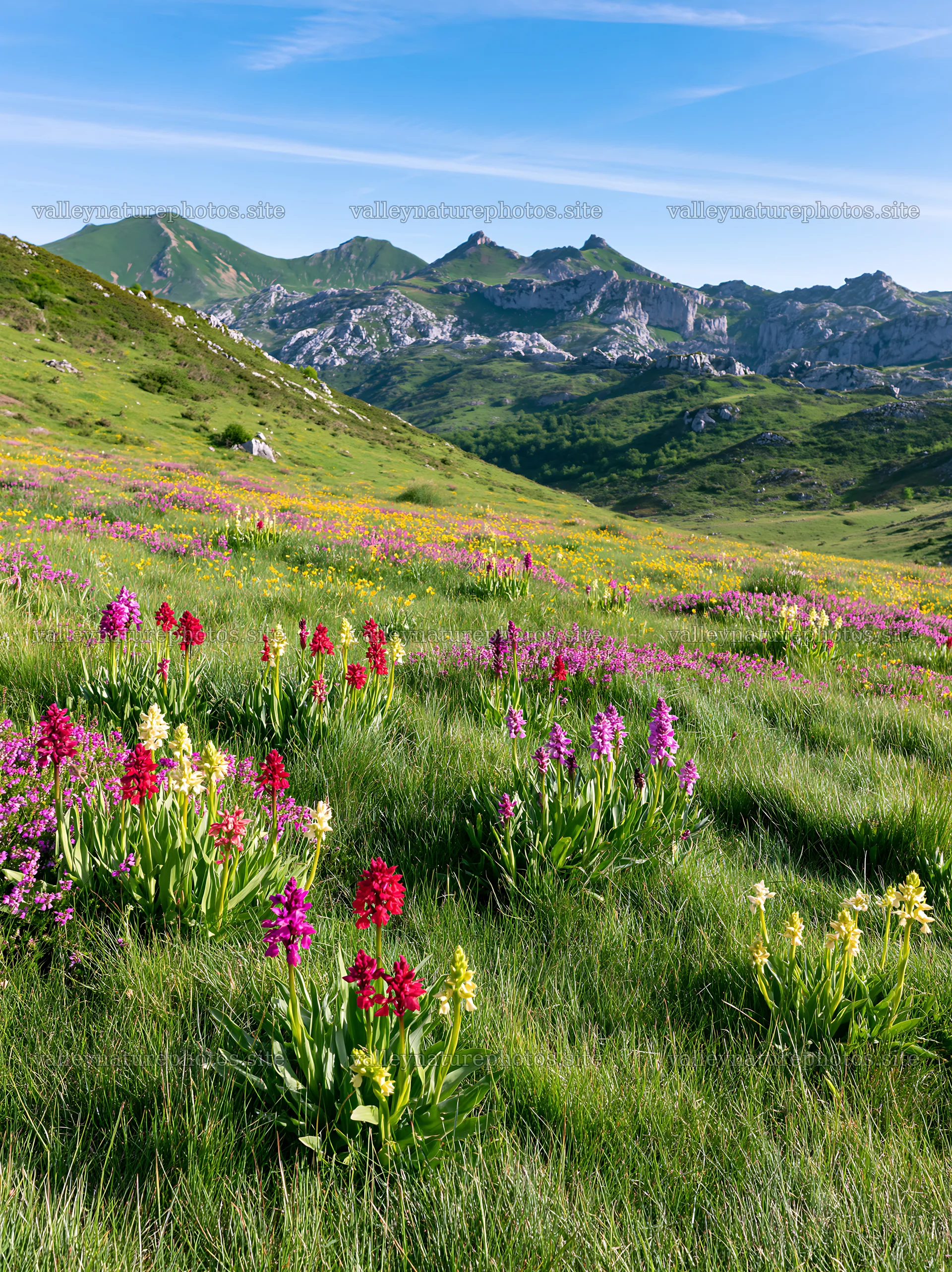 Colorful orchid meadow with mountains in the background – nature photography 6866x9174