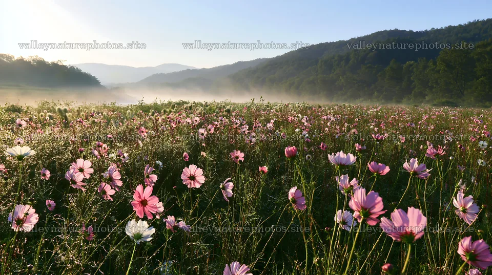 Colorful cosmos meadow with morning light in rural area – nature photography 10608x5938