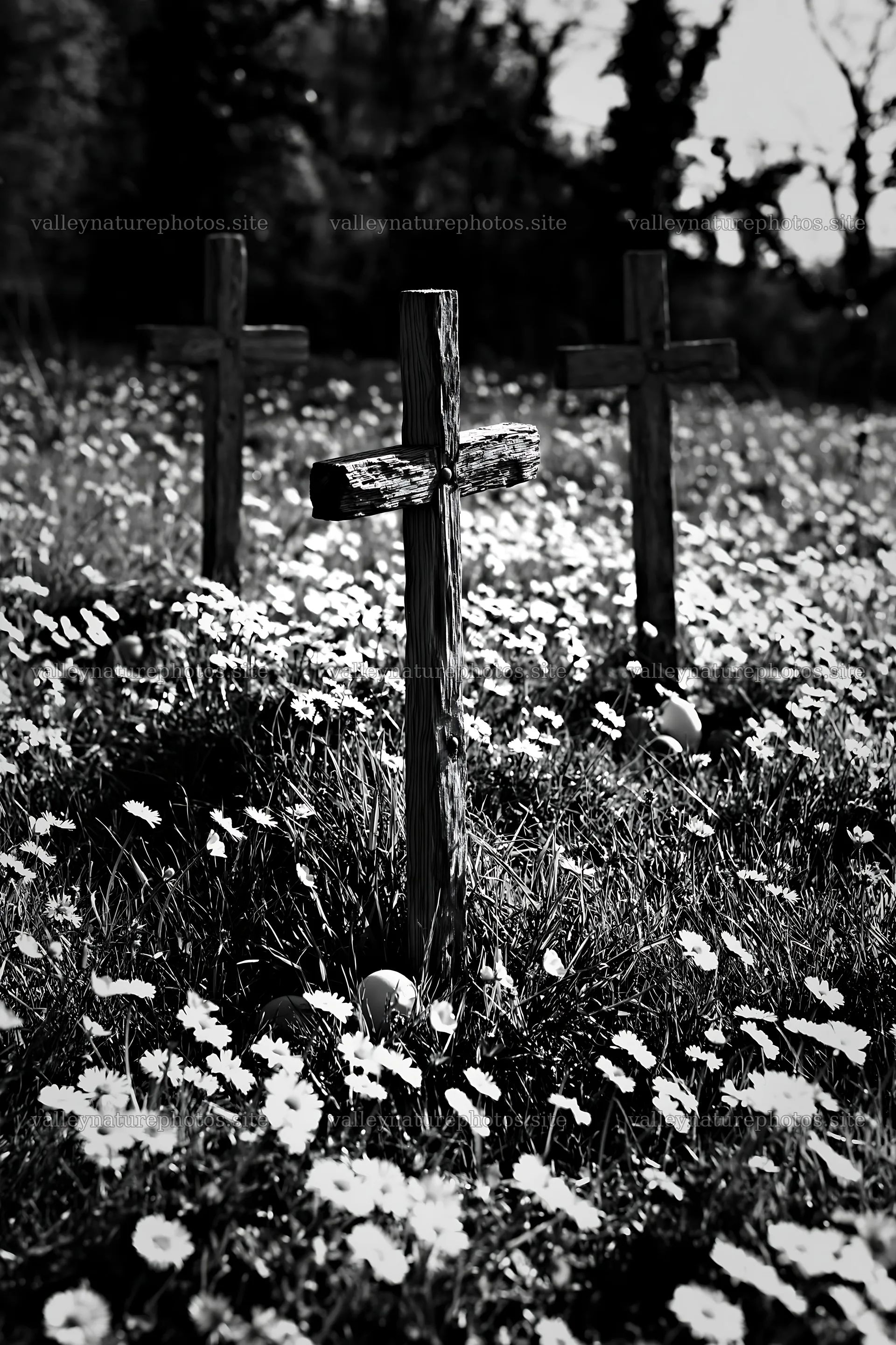 Three Christian crosses in a field of daisies – nature photography 6480x9722