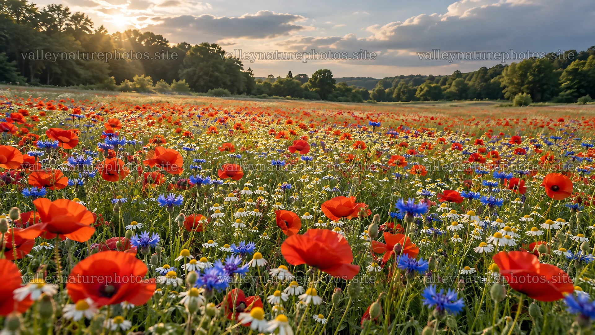 Sunbeams over a flower-filled forest meadow – nature photography 10324x5812