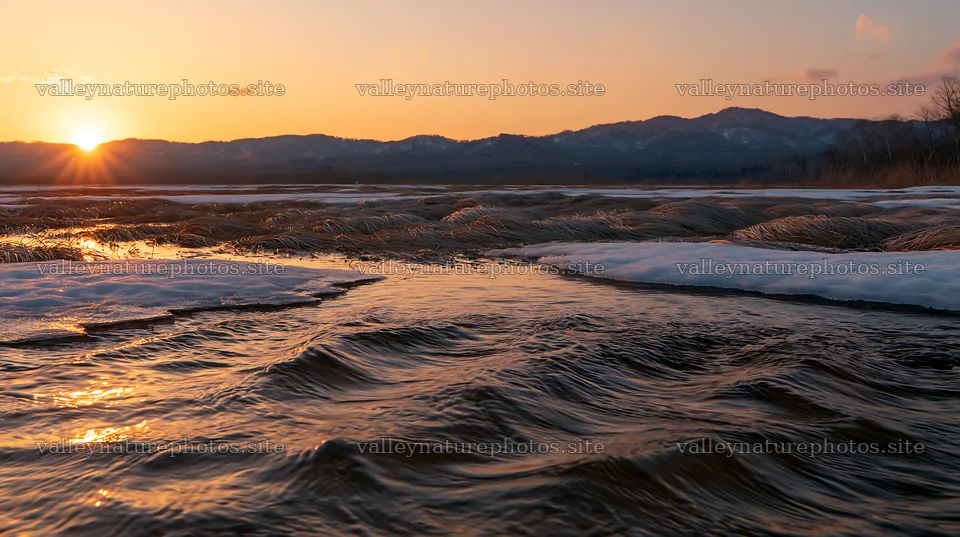 Akita meadow at snowmelt with silver grasses and sunset – nature photography 10608x5938