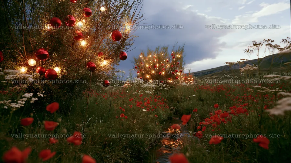 Christmas ornaments above stream in meadow with flowers – nature photography 10608x5938