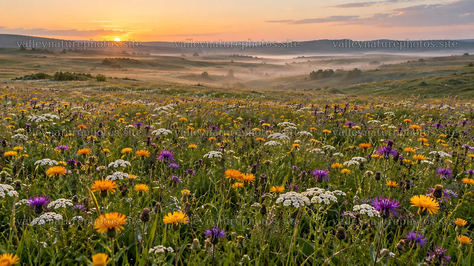 Wildflower Meadow at Sunrise with Low Mist – nature photography 10324x5812