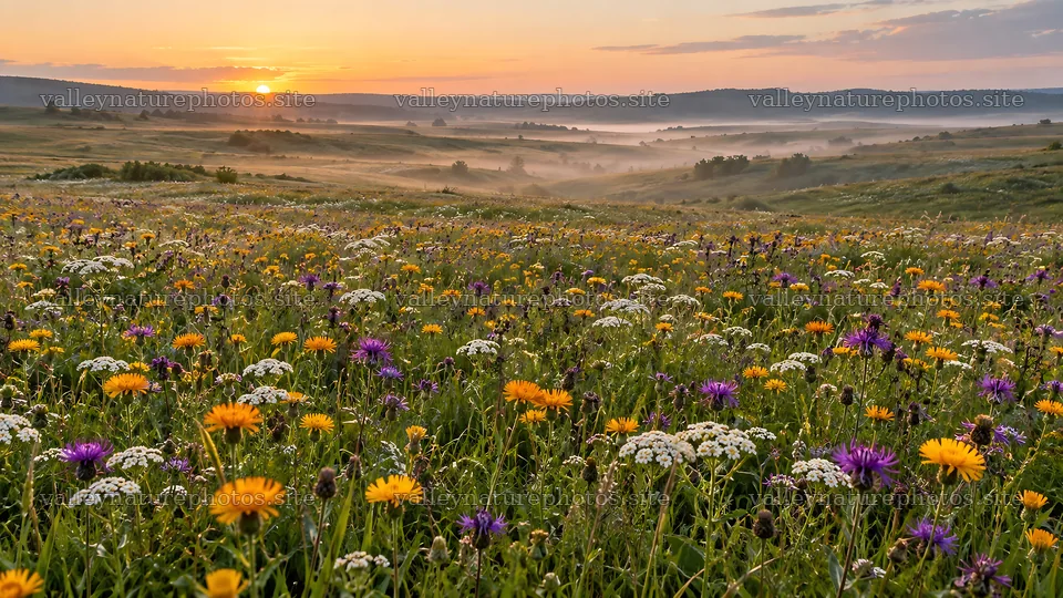 Wildflower Meadow at Sunrise with Low Mist – nature photography 10324x5812