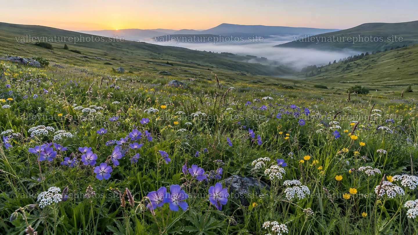 Wildflower Meadow Above a Misty Valley at Sunrise – nature photography 10324x5812