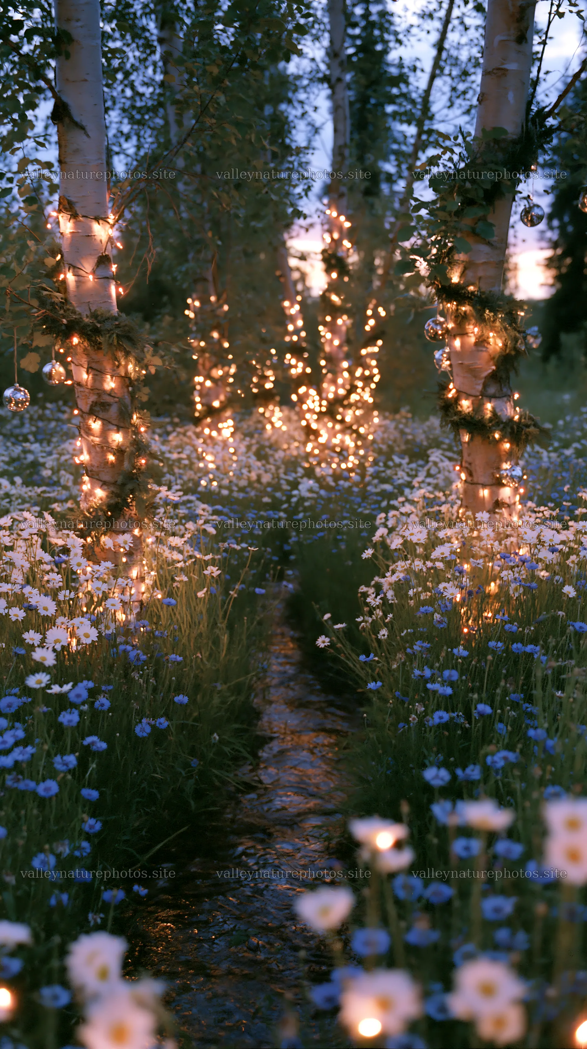Christmas lights beside stream in meadow at dusk – nature photography 5938x10608