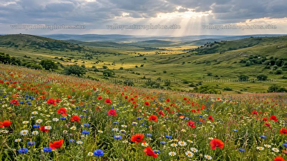 Wildflowers Across a Sunlit Green Valley – nature photography 10324x5812