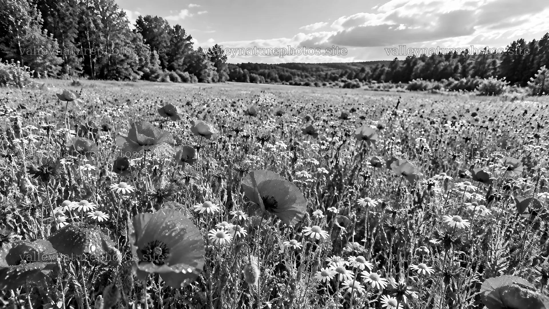 Wildflower Meadow at a Forest Edge in Monochrome – nature photography 10324x5812