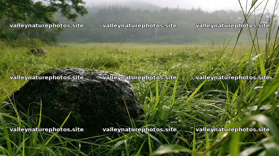 Aomori climate resilient meadow with boulder in grassy field – nature photography 10608x5938